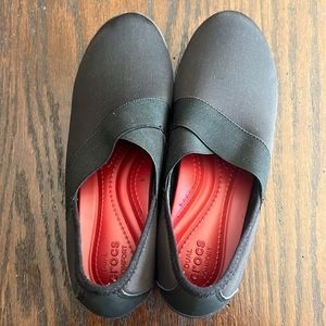 Crocs, black, dual comfort slip on.